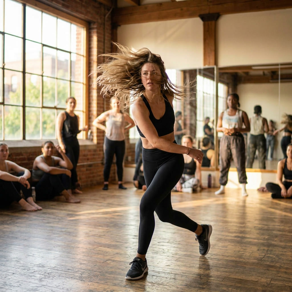 Hannah mid-spin, hair flying, in a sunlit brick studio with students watching behind her