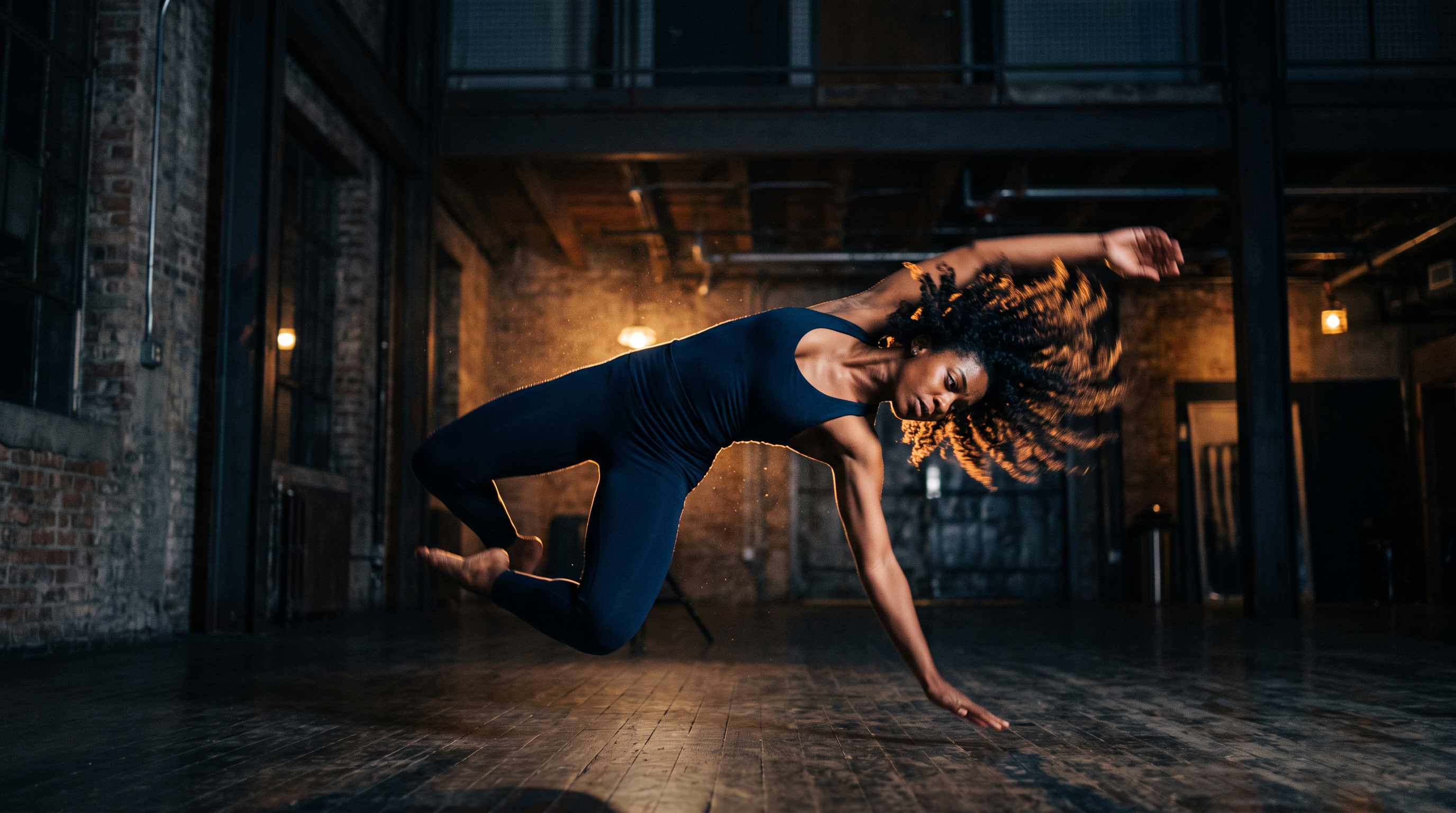 A dancer with curly hair diving low across a warm-lit industrial studio floor